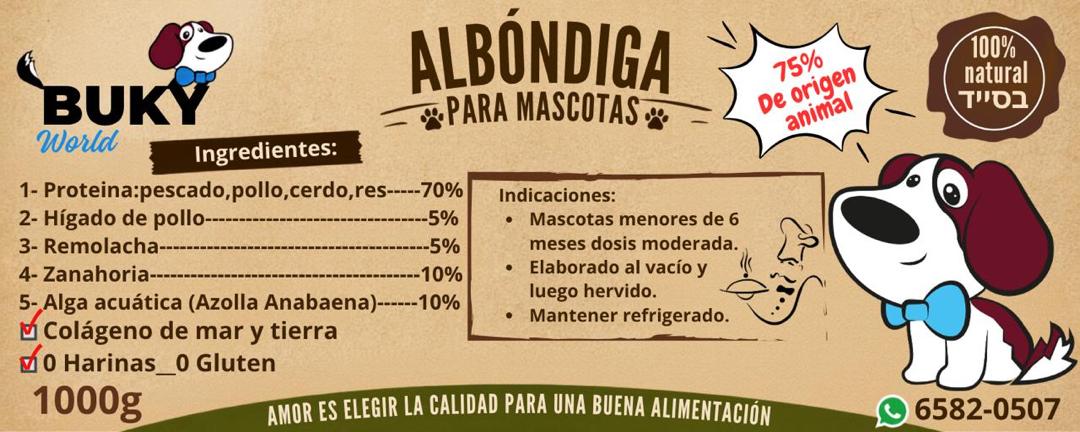 Etiqueta de Albóndiga para mascotas de Buky World, con ingredientes, indicaciones y WhatsApp